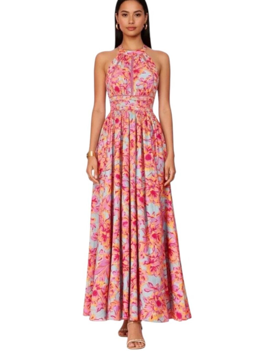 Abel the Label Pink Floral Crochet Trim Halter Maxi Dress